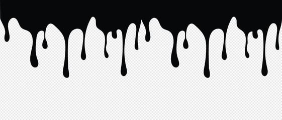 Black Melt Drips, Liquid Paint Drops seamless element vector. Isolated melted dripping liquid on background. Flowing, spilled, drop, splash, leak concept. transparent background. Vector illustration. 