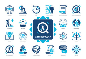 Anthropology icon set. Archaeology, Palaeontology, Excavations, Humanity, History, Past, Religion, Ethnography. Duotone color solid icons