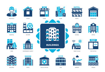 Buildings icon set. Architect, Slum, Government Agency, Office, Hotel, Airport, School, Factory. Duotone color solid icons