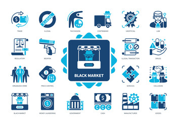 Black Market icon set. Illegal, Contraband, Money Laundering, Trade, Unofficial, Goods, Weapon, Drugs. Duotone color solid icons