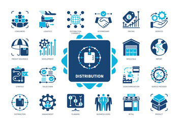 Distribution icon set. Disintermediation, Consumers, Intermediary, Management, Wholesale, Product, Pricing, Development. Duotone color solid icons
