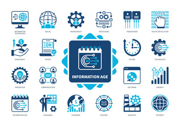 Information Age icon set. Patent, Innovation, Technology, Transistors, Economic, Internet, Communication, Software. Duotone color solid icons