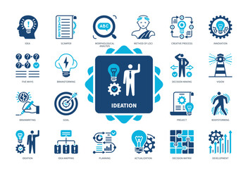 Ideation icon set. SCAMPER, Five Whys, Brainstorming, Idea Mapping, Body storming, Decision Matrix, Brain writing, Innovation. Duotone color solid icons