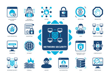 Network Security icon set. Encryption, Internet Data, Network Administration, User, Authorization, Cyber Security, Password, SSL. Duotone color solid icons