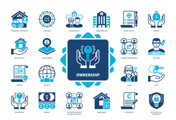 Ownership icon set. Inheritance, Land Owner, Real Estate, Personal Property, Law, Copyright, Author, Assets. Duotone color solid icons