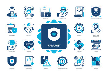 Warranty icon set. Contract, Maintenance, Damage, Assurance, Law, Insurance, Service, Customers. Duotone color solid icons