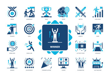 Winner icon set. Goal, Triumph, Challenge, Congratulation, Medal, Achievement, Celebration, Lottery Ticket. Duotone color solid icons