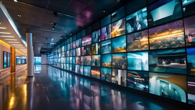 Multiscreen video wall in a media center, displaying a spectrum of television broadcasts