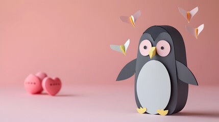 Naklejka premium Adorable Paper-Cut Penguin with Floating Hearts on Pastel Background