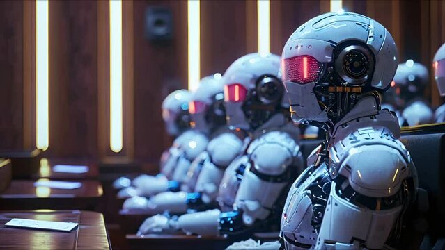 Courtroom with AI judge and jury panel, ethical algorithmic law, side angle