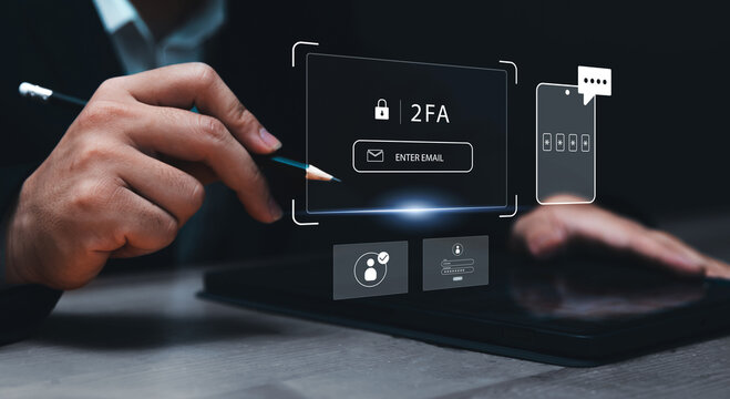 2 factor authentication 2FA method using tablet device to protect data and account on internet data security concept, computer technology graphics icon.