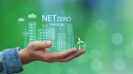 Net zero carbon neutral with city, wind turbines, solar panels, and recycling icons concept,...