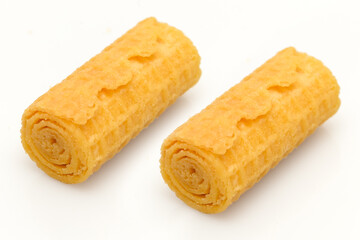 Crispy sweet delicious waffles. Fragrant pastries on a white background.