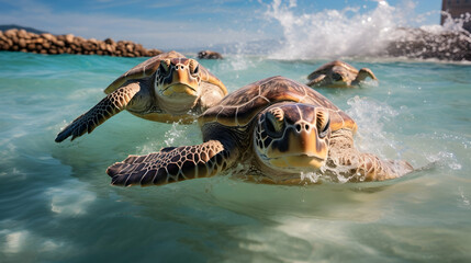 A pair of rescued sea turtles released back into the ocean, - Powered by Adobe