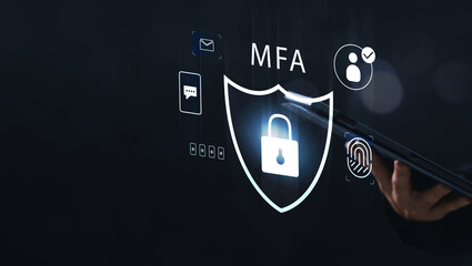 Multiple factor authentication MFA method using portable devices to protect data and account on internet data security concept, businessman using tablet with secure computer technology graphics icon.