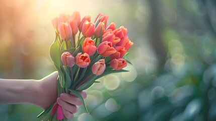Hand Holding a Radiant Tulip Bouquet in a Serene Setting