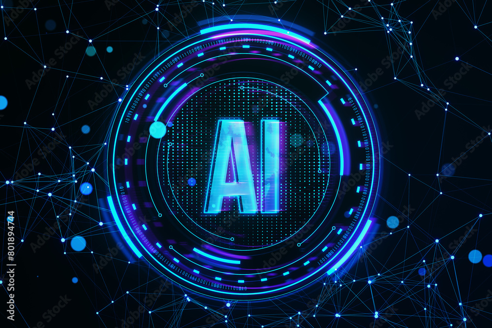 Poster creative glowing polygonal blue ai hologram on dark backdrop. artificial intelligence, technology an