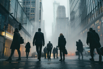 Commuters on their way to work in the dense morning fog of the city.

