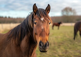 Obraz premium Close-Up Portrait of a Majestic Brown Horse in Pasture on Sunny Day