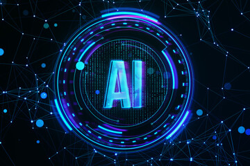 Creative glowing polygonal blue AI hologram on dark backdrop. Artificial intelligence, technology and innovation concept. 3D Rendering.
