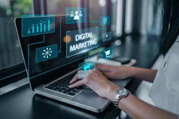Digital marketing strategy concepts, using a laptop creating  online advertisements on social media...