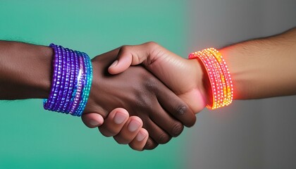 Glowing Gesture: Close-Up of Handshake Between Bracelet-Wearing Pair