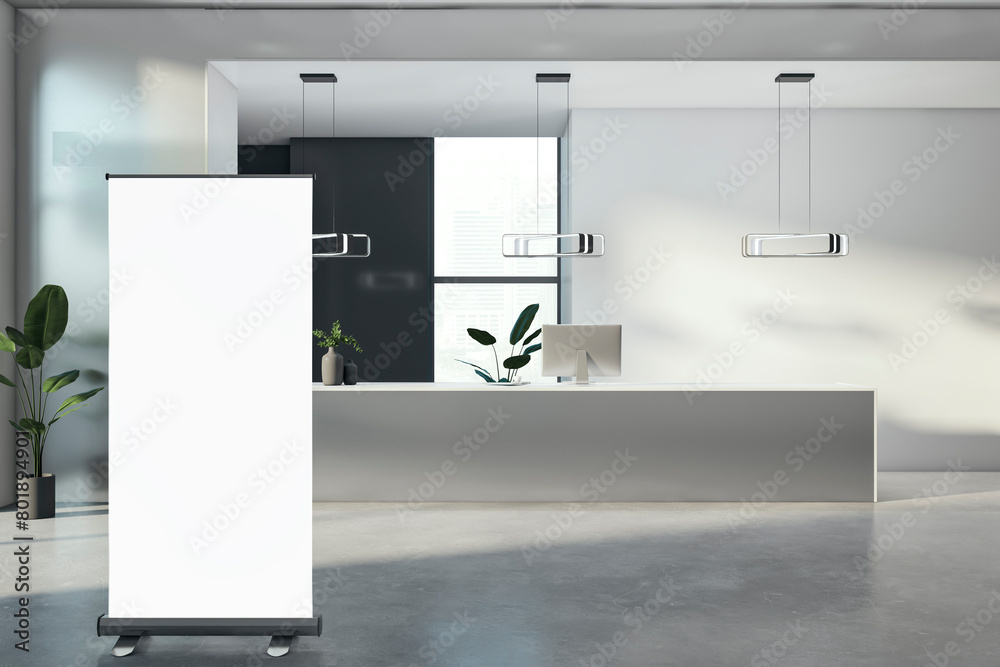 Poster modern luxury office reception with empty white mock up poster, window and city view. 3d rendering.