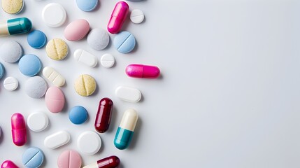 Assortment of Multicolored Pharmaceutical Tablets on a Minimalist White Background