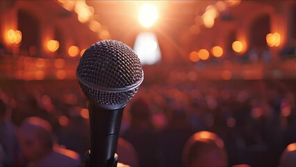 Closeup of a speaker giving a motivational talk at a business seminar, crowd in the distance