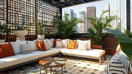 Art Deco-inspired rooftop lounge with geometric patterns, mirrored accents, and skyline views.