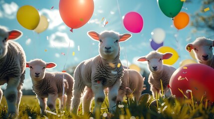 A group of adorable lambs standing together in a grassy field, with colorful balloons floating...