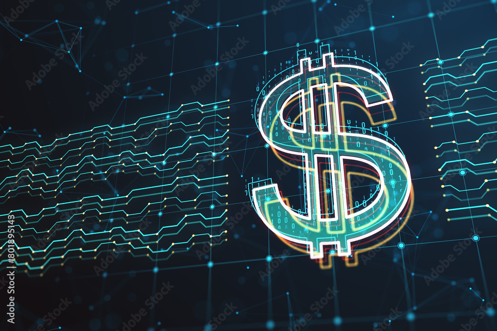 Poster Abstract digital dollar sign and circuit on dark grid backdrop. Online banking, trade and cryptography concept. 3D Rendering.