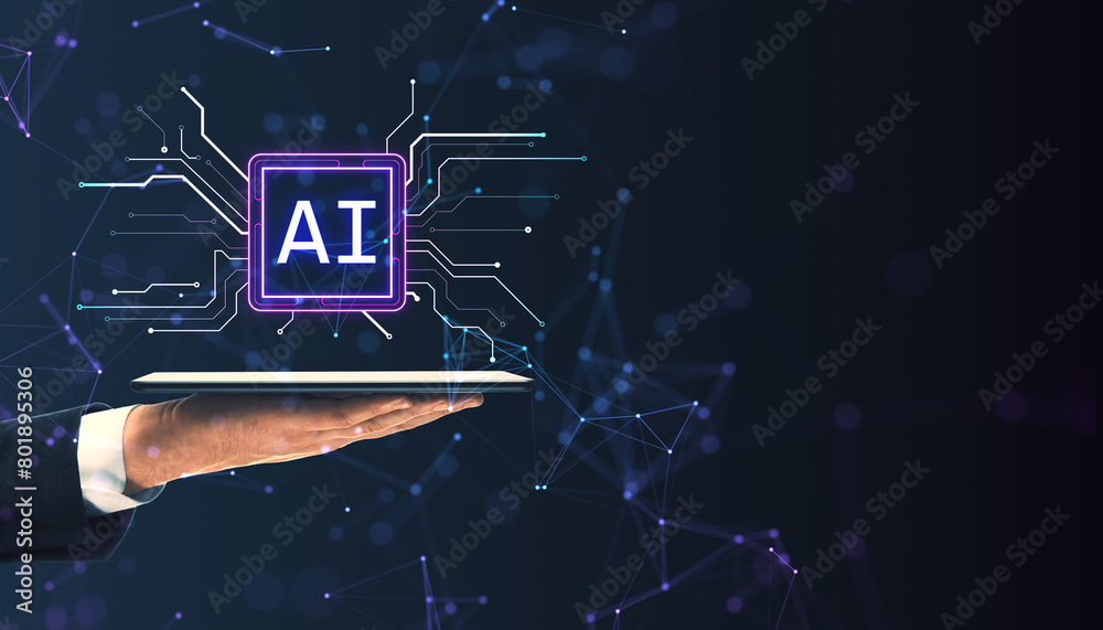 Poster Close up of businessman hand holding cellphone with glowing polygonal circuit AI hologram on dark background. Artificial intelligence and innovation concept. Mock up place.