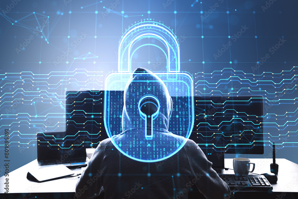 Poster Back view of hacker at desk using computers with glowing digital padlock hologram on dark background. Safety and security concept. Double exposure.