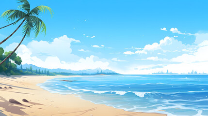 Coastal Getaway, Idyllic Beach Scene under Clear Skies, Realistic Beach Landscape. Vector Background