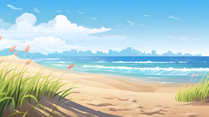 Naklejka premium Coastal Getaway, Idyllic Beach Scene under Clear Skies, Realistic Beach Landscape. Vector Background