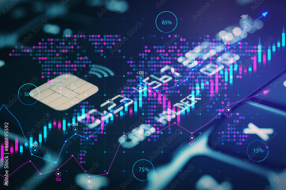 Poster close up of laptop keyboard with bank card and growing forex chart on blurry backdrop. toned image. 