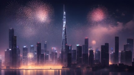 Cityscape with fireworks and skyscrapers at night