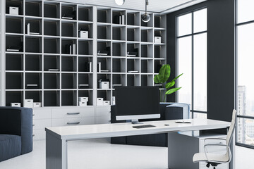Contemporary gray coworking office interior with panoramic window and city view. 3D Rendering.