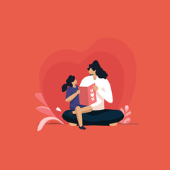 Happy Mother's Day, Child daughter congratulating mom and giving her postcard, Mother Daughter hugging