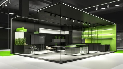 Exhibition stand with complex construction, in black and green colors, lot of furniture, good lighting, modern style high contrast cinematic lighting