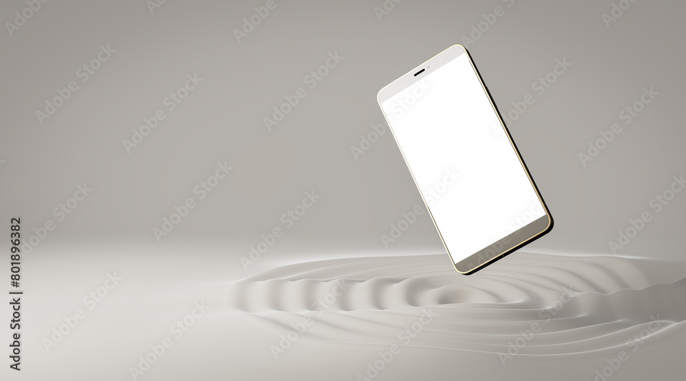 Poster abstract flying white smartphone on creative light whirl background with mock up place. product ad c