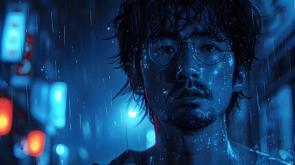 Pensive Asian Male in Neon-Lit Cityscape at Night