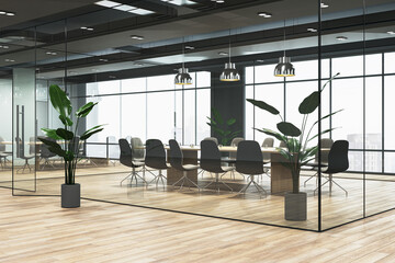 Contemporary glass meeting room interior with panoramic windows and city view, wooden flooring. 3D Rendering.