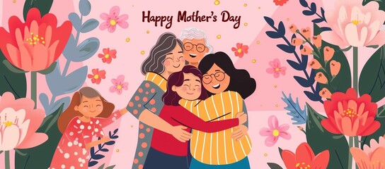 Vector illustration of a happy family hugging with a mother, grandmother and daughter on a pink background with blooming flowers for Mother's Day celebration
