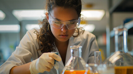 A chemistry student carefully titrating a solution in a volumetric flask, practicing precision and accuracy in a fundamental laboratory technique.