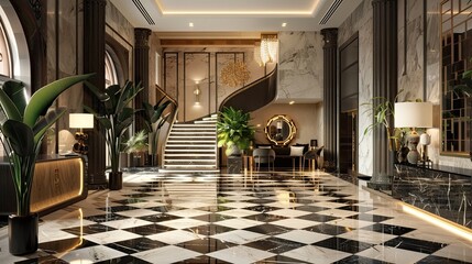 Art Deco-inspired boutique hotel lobby with marble floors, geometric patterns, and a grand...