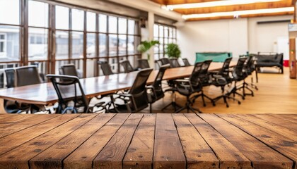 Timbered Tranquility: Defocused Boardroom Background with Wooden Flooring