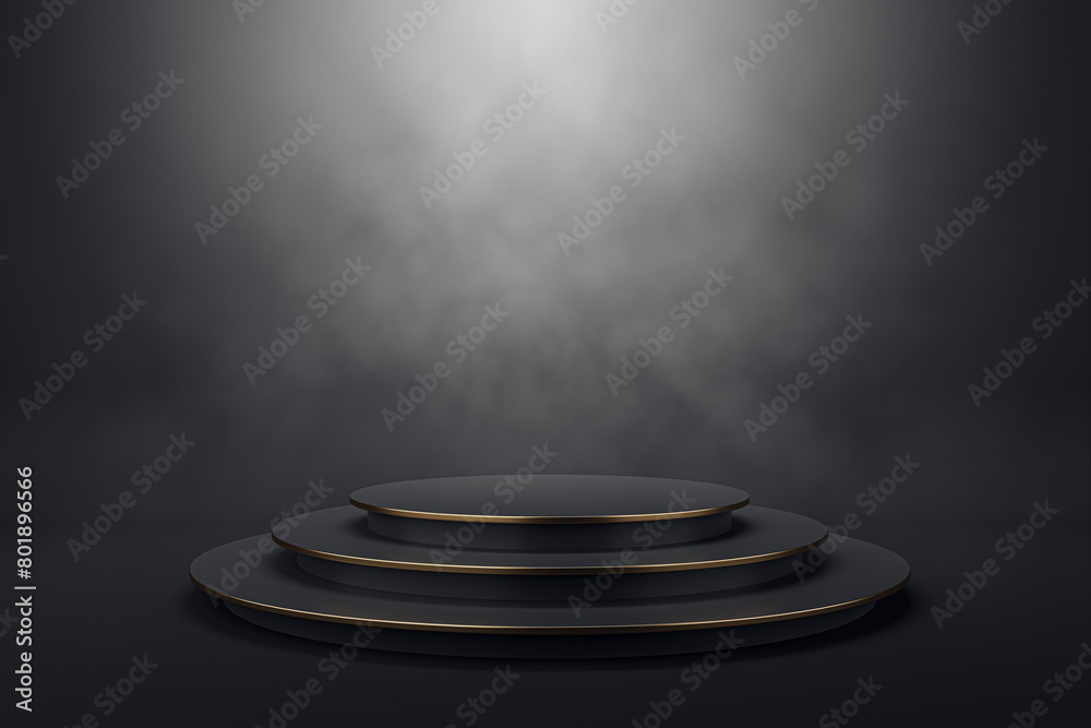 Aufkleber Empty gray background with round stairs pedestal and mock up place for product. Ad concept. 3D Rendering.