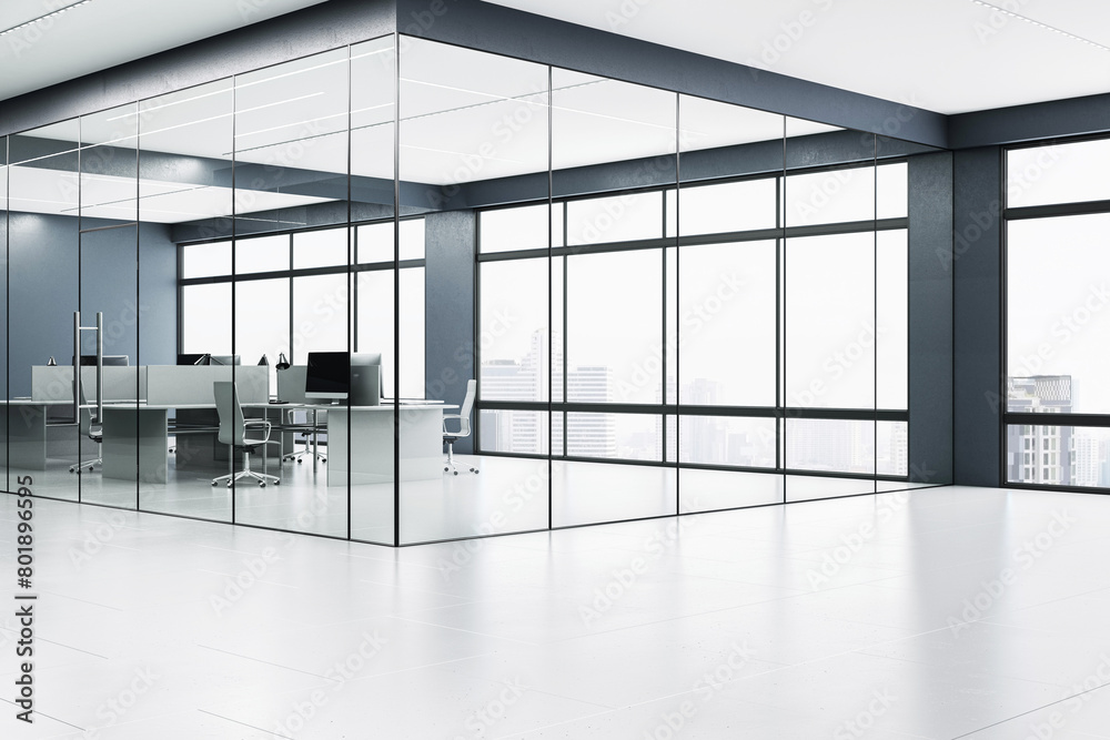 Poster modern office interior with glass partitions, furniture and city view through large windows, concept